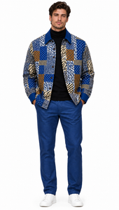 Mens Royal Blue Mosaic Patchwork Walking Suit – Statement Jacket & Matching Pants Set