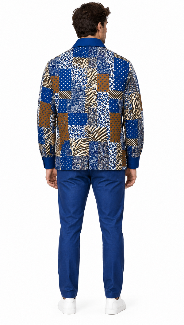 Mens Royal Blue Mosaic Patchwork Walking Suit – Statement Jacket & Matching Pants Set