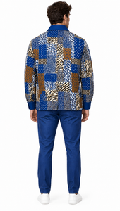 Mens Royal Blue Mosaic Patchwork Walking Suit – Statement Jacket & Matching Pants Set