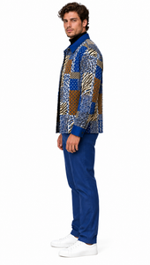 Mens Royal Blue Mosaic Patchwork Walking Suit – Statement Jacket & Matching Pants Set