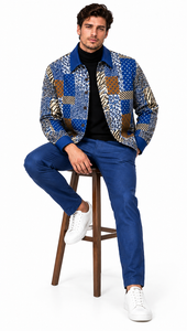 Mens Royal Blue Mosaic Patchwork Walking Suit – Statement Jacket & Matching Pants Set