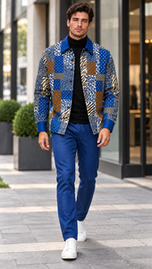 Mens Royal Blue Mosaic Patchwork Walking Suit – Statement Jacket & Matching Pants Set
