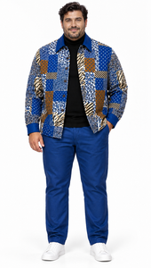 Mens Royal Blue Mosaic Patchwork Walking Suit – Statement Jacket & Matching Pants Set