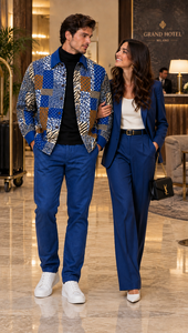 Mens Royal Blue Mosaic Patchwork Walking Suit – Statement Jacket & Matching Pants Set