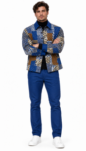 Mens Royal Blue Mosaic Patchwork Walking Suit – Statement Jacket & Matching Pants Set