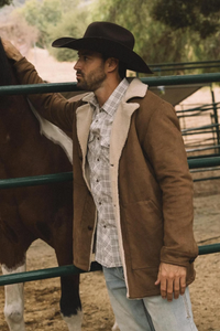 Mens Western Cowboy Long Coat – Brown Faux Suede Frontier Style Jacket