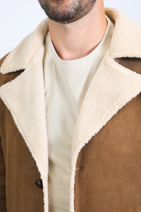 Mens Western Cowboy Long Coat – Brown Faux Suede Frontier Style Jacket