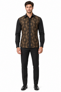 Mens Obsidian Black & Gold Prestige Walking Suit – Ornate Shirt & Matching Pants