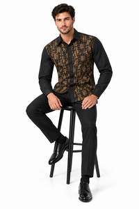 Mens Obsidian Black & Gold Prestige Walking Suit – Ornate Shirt & Matching Pants