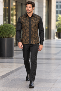 Mens Obsidian Black & Gold Prestige Walking Suit – Ornate Shirt & Matching Pants