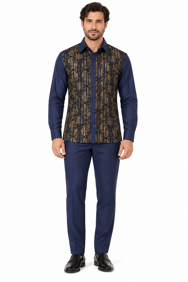 Mens Midnight Navy Golden Heritage Walking Suit – Ornate Shirt & Matching Pants