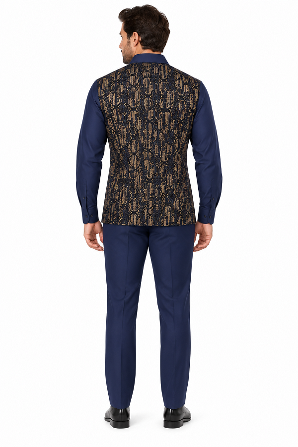 Mens Midnight Navy Golden Heritage Walking Suit – Ornate Shirt & Matching Pants