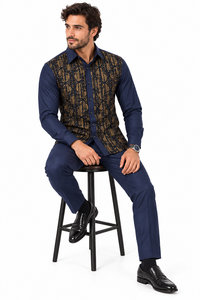 Mens Midnight Navy Golden Heritage Walking Suit – Ornate Shirt & Matching Pants