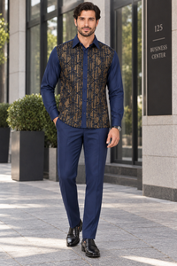 Mens Midnight Navy Golden Heritage Walking Suit – Ornate Shirt & Matching Pants