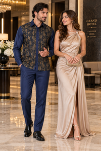 Mens Midnight Navy Golden Heritage Walking Suit – Ornate Shirt & Matching Pants