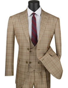 Harlem Nights Suits for Men - Mens 1930s Camel Plaid 3 Piece Suit Three Piece 1920s Low Cut Vest Vinci V2RW-7