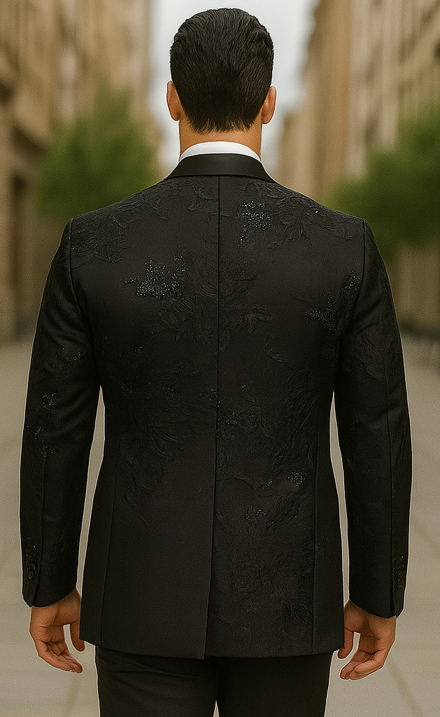 Mens Black Shiny Floral Paisley Prom and Wedding Blazer Shawl Collar