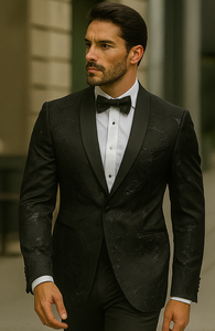 Mens Black Shiny Floral Paisley Prom and Wedding Blazer Shawl Collar