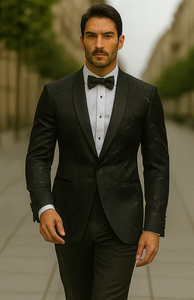 Mens Black Shiny Floral Paisley Prom and Wedding Blazer Shawl Collar