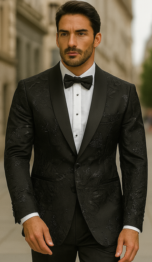 Mens Black Shiny Floral Paisley Prom and Wedding Blazer Shawl Collar