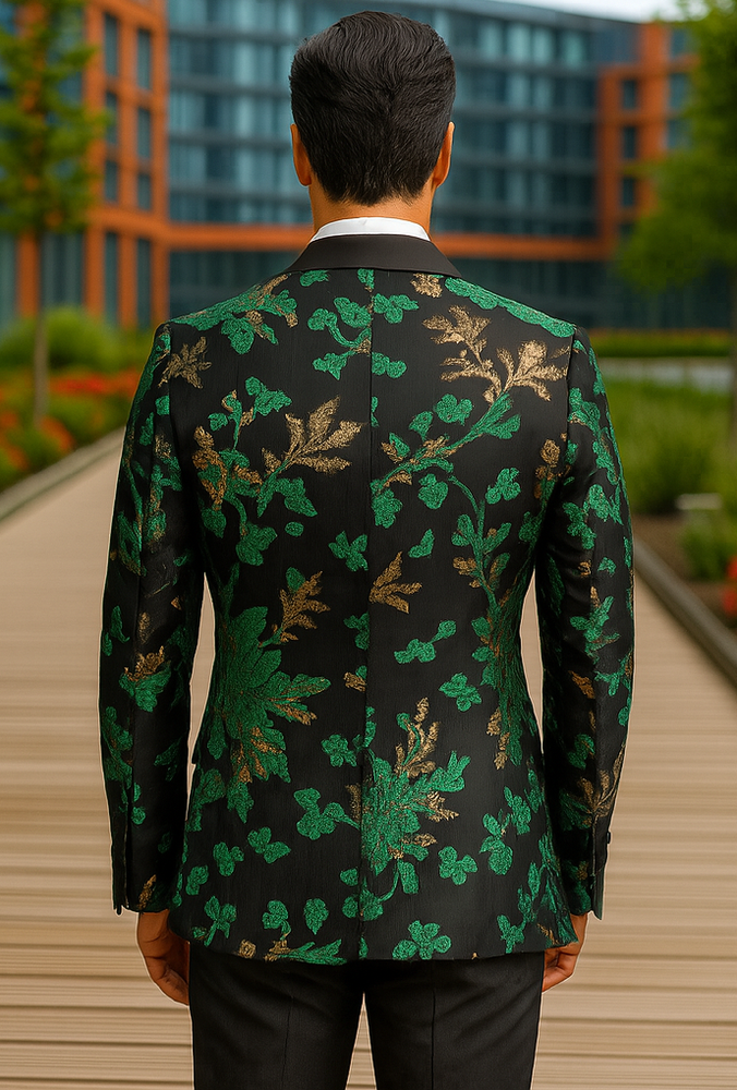 Mens 2 Button Hunter Green, Gold, & Black Floral Paisley Tuxedo Blazer
