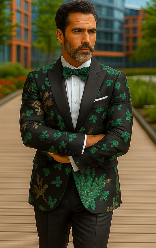 Mens 2 Button Hunter Green, Gold, & Black Floral Paisley Tuxedo Blazer