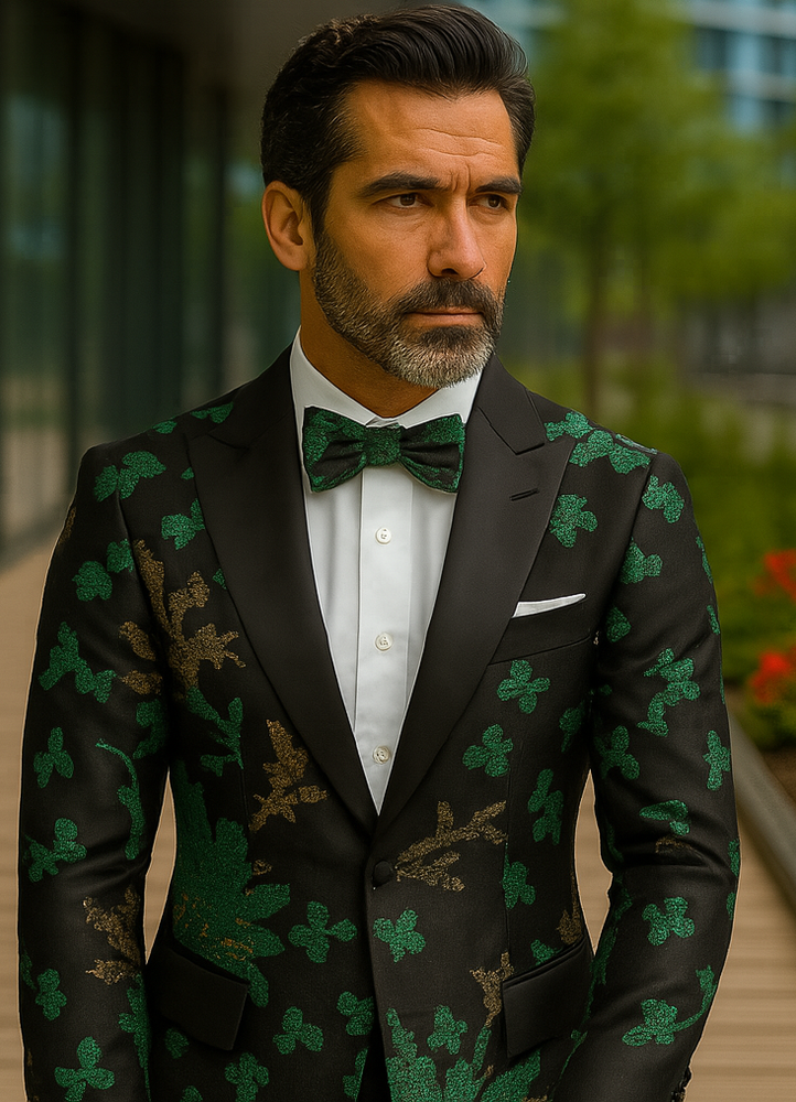 Mens 2 Button Hunter Green, Gold, & Black Floral Paisley Tuxedo Blazer