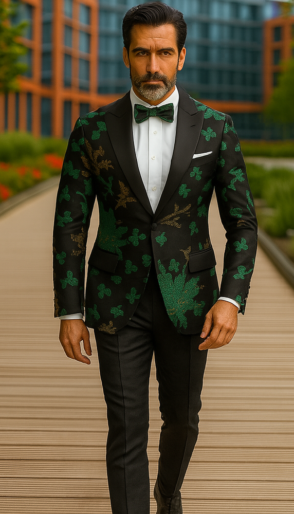 Mens 2 Button Hunter Green, Gold, & Black Floral Paisley Tuxedo Blazer