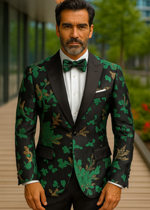 Mens 2 Button Hunter Green, Gold, & Black Floral Paisley Tuxedo Blazer