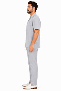 Men’s Light Gray Embroidered Walking Suit Set – 2 Piece Short Sleeve Casual Outfit