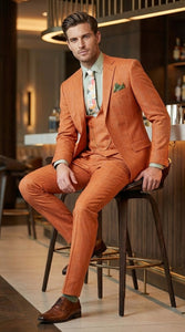 Vinci Mens Orange Three Piece Suit – Orange Windowpane Plaid 3PC Formal Suit for Wedding, Church and Business Holloween Color