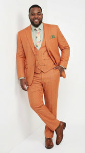 Vinci Mens Orange Three Piece Suit – Orange Windowpane Plaid 3PC Formal Suit for Wedding, Church and Business Holloween Color