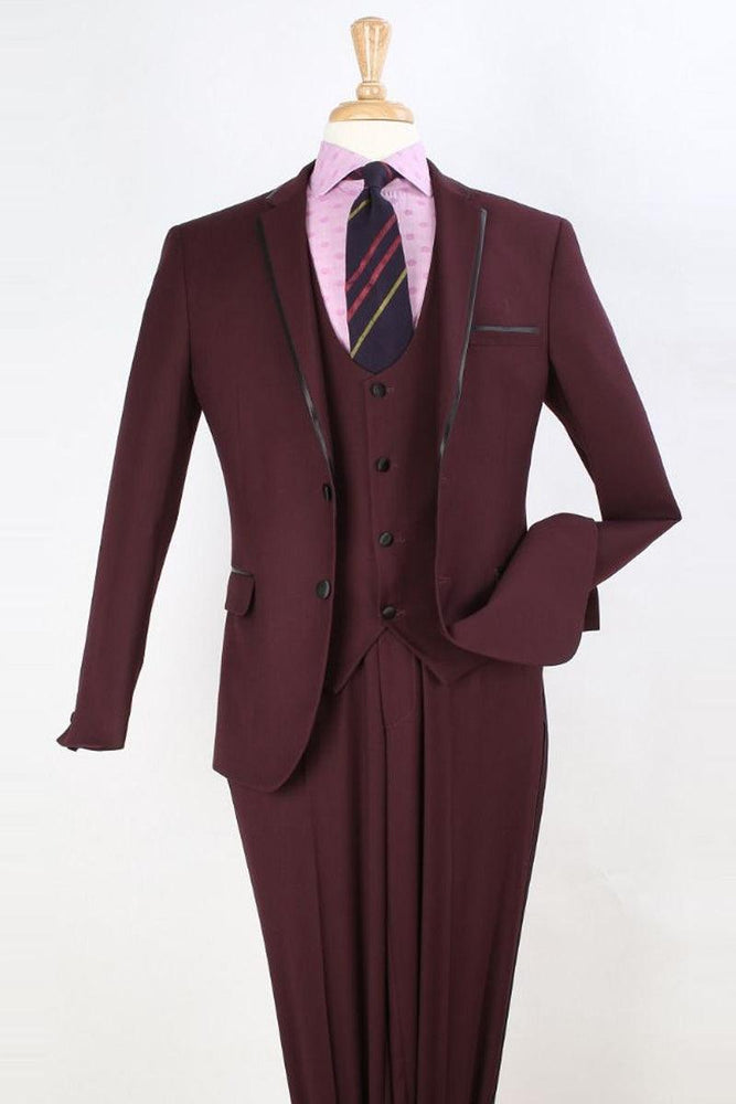 Mens Apollo King Burgundy Vested Clim Fit Tuxedo Suit w/ Trim - USA Men's Outlet