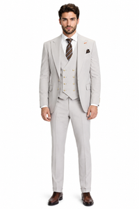 Men's Ash Statement Ticket Pocket Peak Lapel Wool Double Breasted Vest Suit with Gold Buttons – Modern Fit