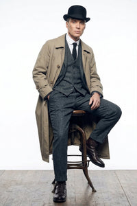 Mens Beige Vintage Style Trenchcoat Overcoat + Suit + Hat – Classic Long Trench Coat Inspired by Peaky Blinders Formal 1920s Package