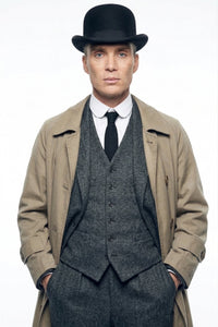 Mens Beige Vintage Style Trenchcoat Overcoat + Suit + Hat – Classic Long Trench Coat Inspired by Peaky Blinders Formal 1920s Package