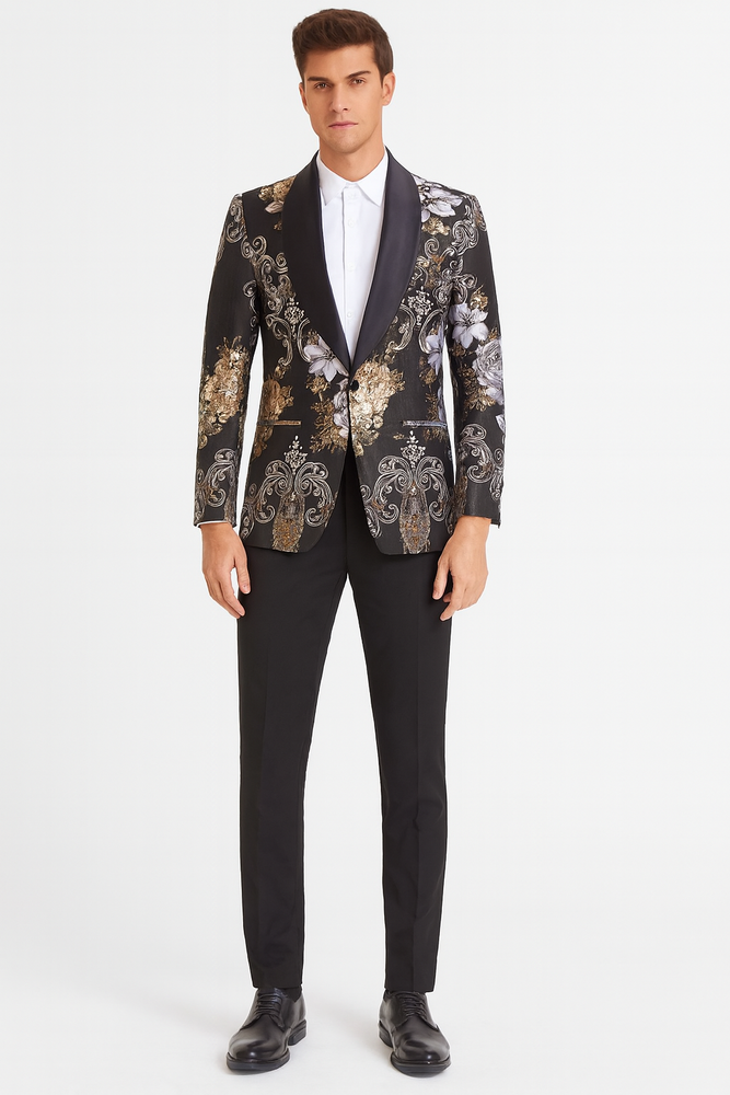 Men’s Black and Gold and Silver Floral Jacquard Blazer with Satin Shawl Lapel Tuxedo Suit With Black Pants with Bowtie