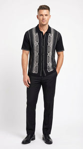 Mens Black and Gray Pattern Walking Suit Set – Short Sleeve Knit Shirt and Pants Casual Outfit for Summer, Travel and Everyday Wear