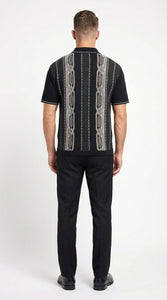 Mens Black and Gray Pattern Walking Suit Set – Short Sleeve Knit Shirt and Pants Casual Outfit for Summer, Travel and Everyday Wear