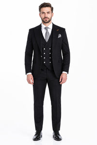 Men's Black Statement Ticket Pocket Peak Lapel Wool Double Breasted Vest Suit with Silver Buttons – Modern Fit