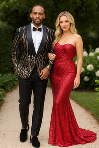 Black  Prom Tuxedo Suit - Black Wedding Suit - Mens Square Shawl Lapel Black & Gold Sequin Prom Tuxedo Jacket