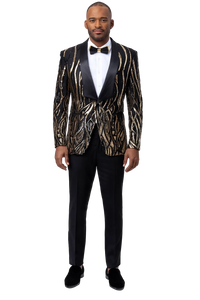 Black  Prom Tuxedo Suit - Black Wedding Suit - Mens Square Shawl Lapel Black & Gold Sequin Prom Tuxedo Jacket