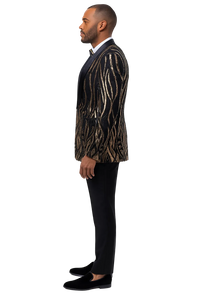 Black  Prom Tuxedo Suit - Black Wedding Suit - Mens Square Shawl Lapel Black & Gold Sequin Prom Tuxedo Jacket