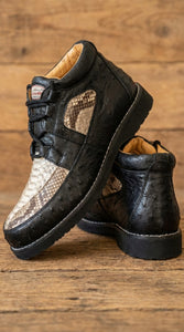 Mens Black and Natural Exotic Alligator Crocodile Casual Shoes – Ostrich and Snakeskin Pattern Lace Up Dress Shoes - Boot By Los Altos