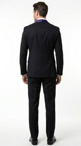 Mens Black Suit with Purple Lapel – Elegant Formal Tuxedo Style Suit for Wedding, Prom, Party and Evening Wear