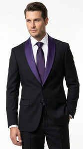 Mens Black Suit with Purple Lapel – Elegant Formal Tuxedo Style Suit for Wedding, Prom, Party and Evening Wear