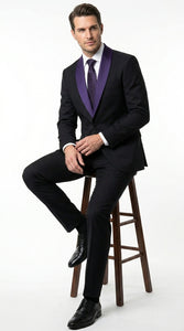 Mens Black Suit with Purple Lapel – Elegant Formal Tuxedo Style Suit for Wedding, Prom, Party and Evening Wear