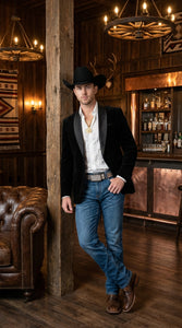 Mens Black Velvet Cowboy Blazer – Western Formal Jacket with Satin Lapel