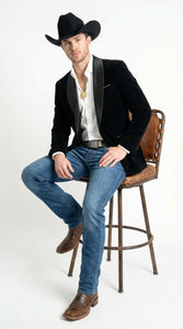 Mens Black Velvet Cowboy Blazer – Western Formal Jacket with Satin Lapel