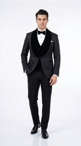 Men’s Black With Velvet collar 3 Piece Tuxedo Suit – Floral Jacquard Dinner Jacket with  Vest and Bowtie